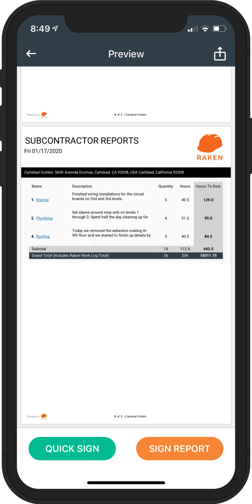 Subcontractor report feature on construction daily log app.