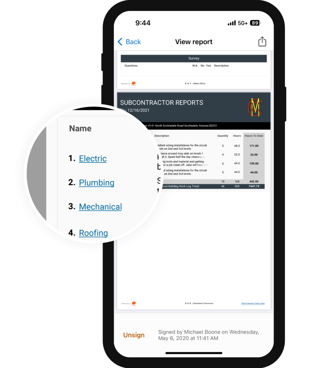 Subcontractor report feature on construction daily log app.