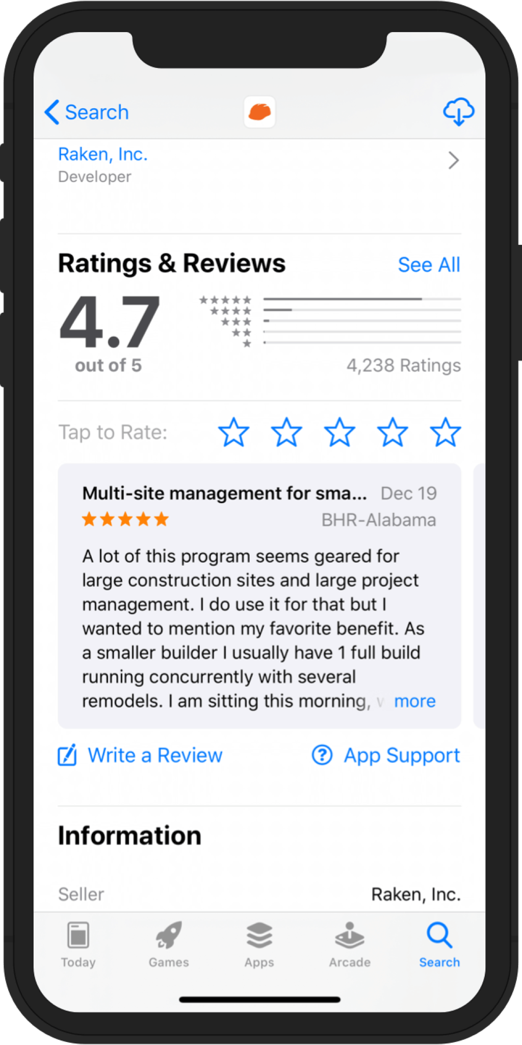 Raken's construction app reviews and ratings in App Store.