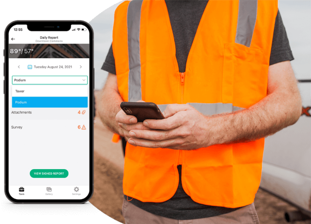 Construction worker creating a daily report in raken mobile app.