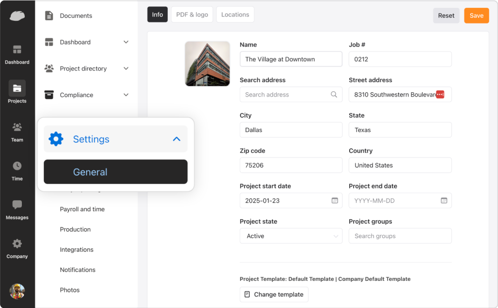 General project settings in Raken construction software.