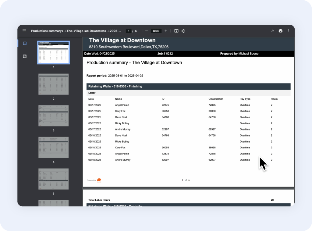 Production summary report in Raken field management app.