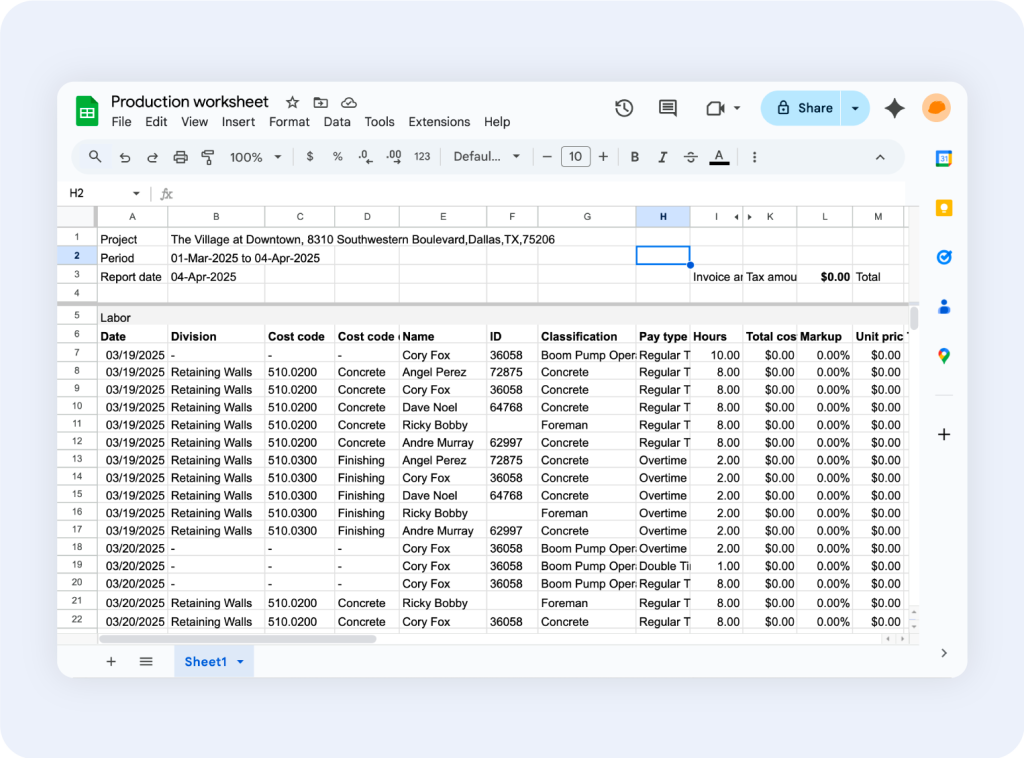 Production worksheet in Raken field management app.