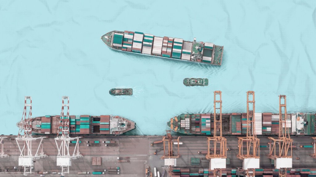 large cargo boats on illustrated background.