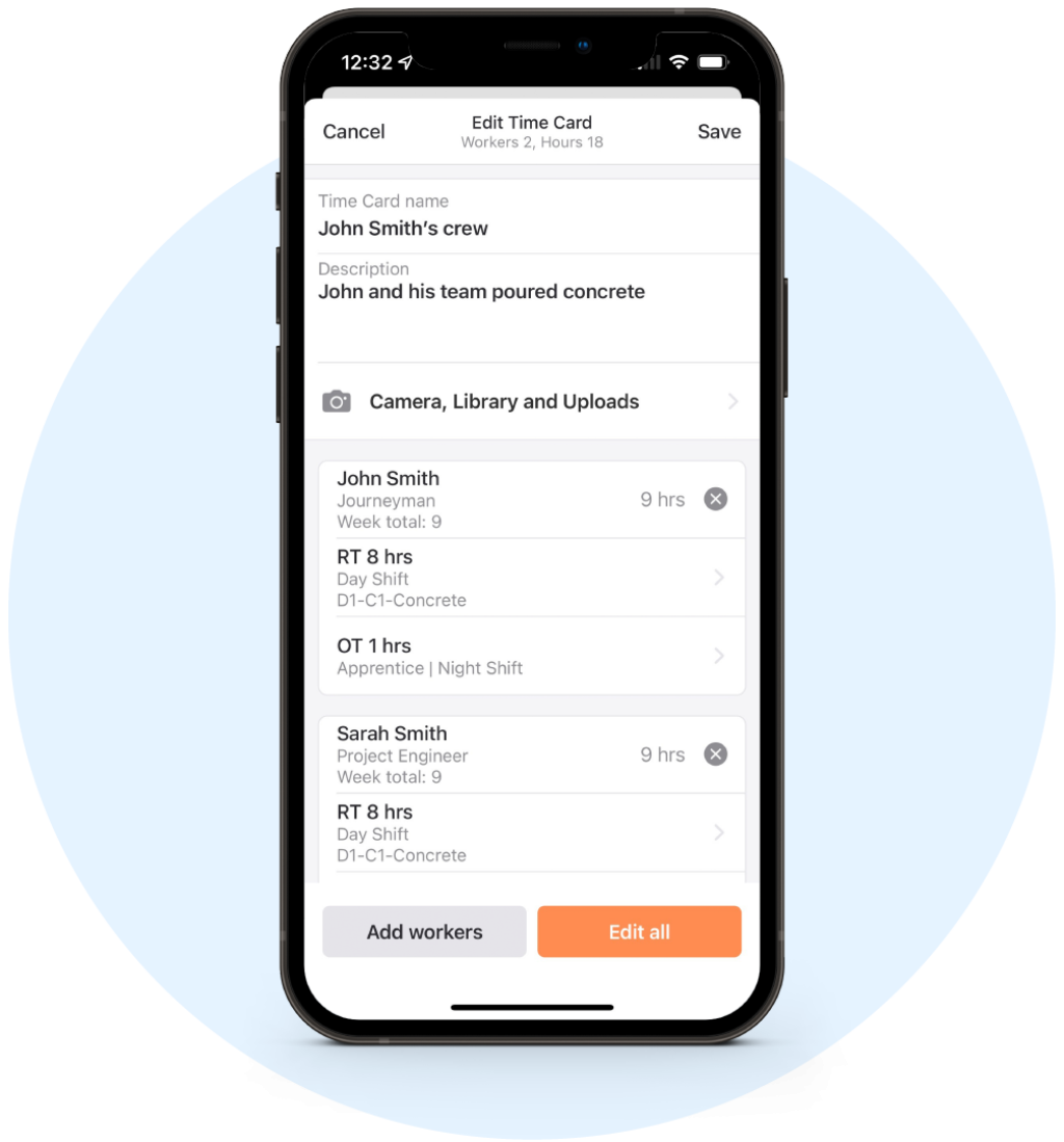 Raken time card app screenshot on mobile.