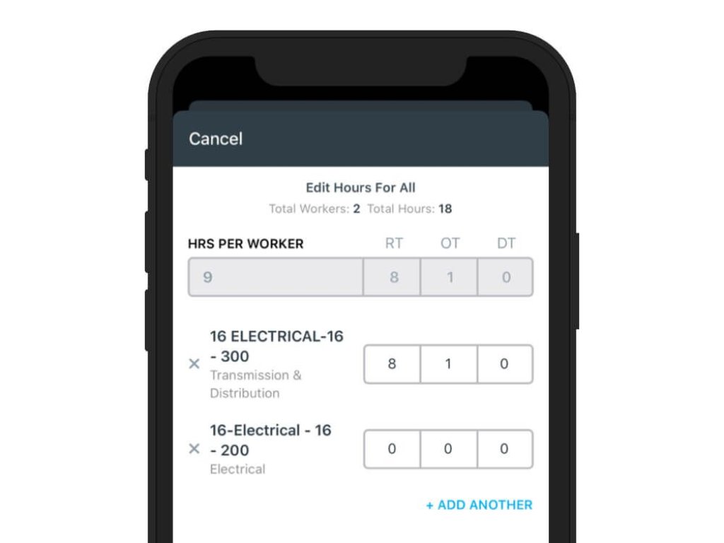 Overtime feature on construction time card app.