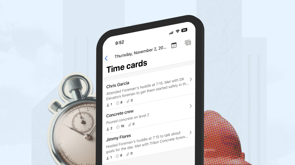 Raken construction time card app on mobile phone.