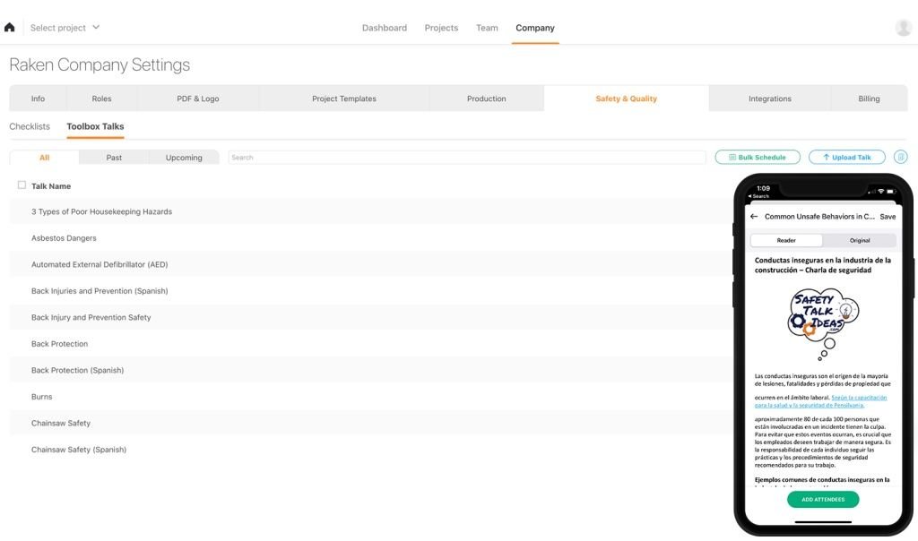 spanish toolbox talks in Raken.