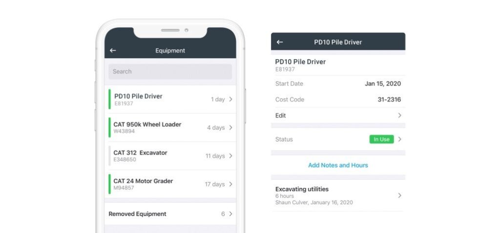 screenshots of equipment management features in Raken.