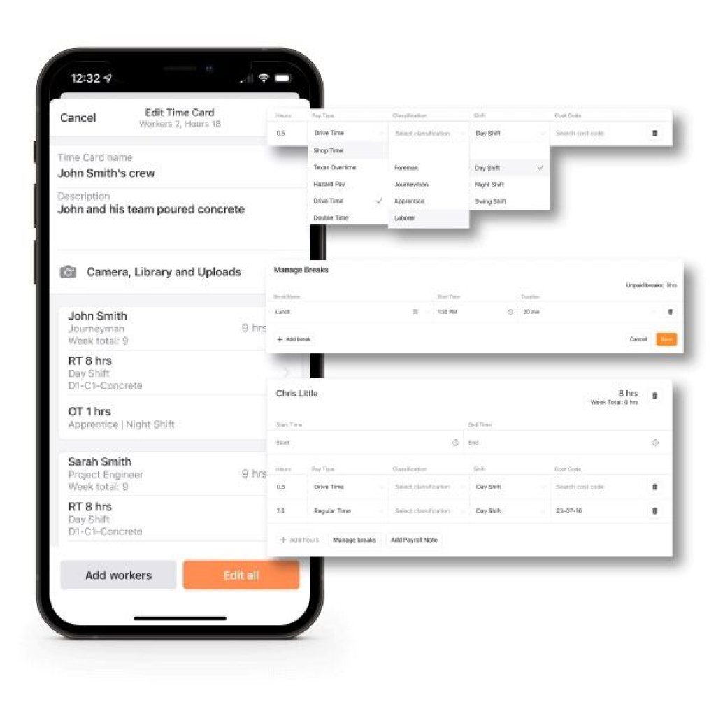 screenshots of custom pay types in Raken app.