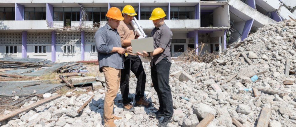 clients visiting construction site and looking at laptop.