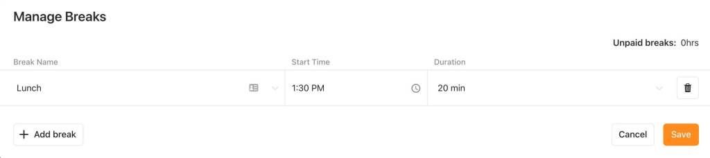 Screenshots of adding breaks in Raken app.