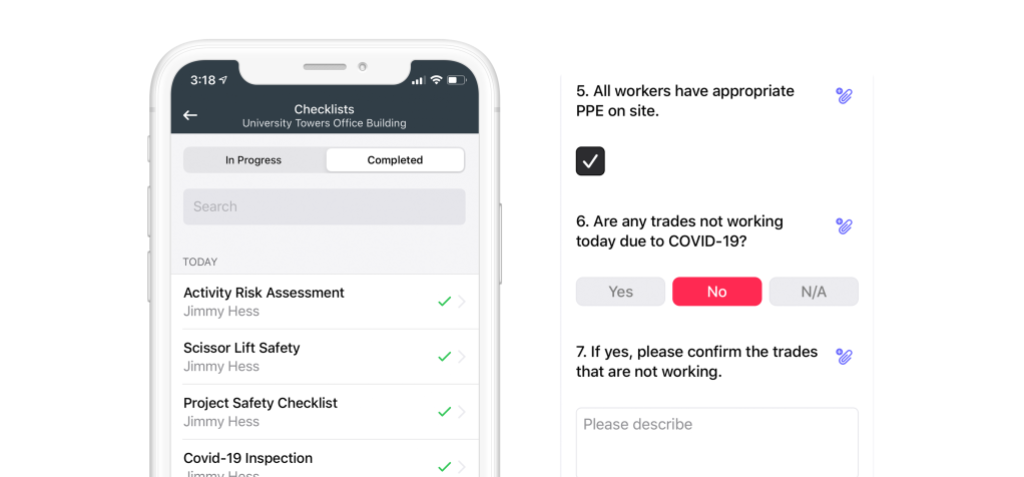 Screenshots of checklists feature in Raken app.