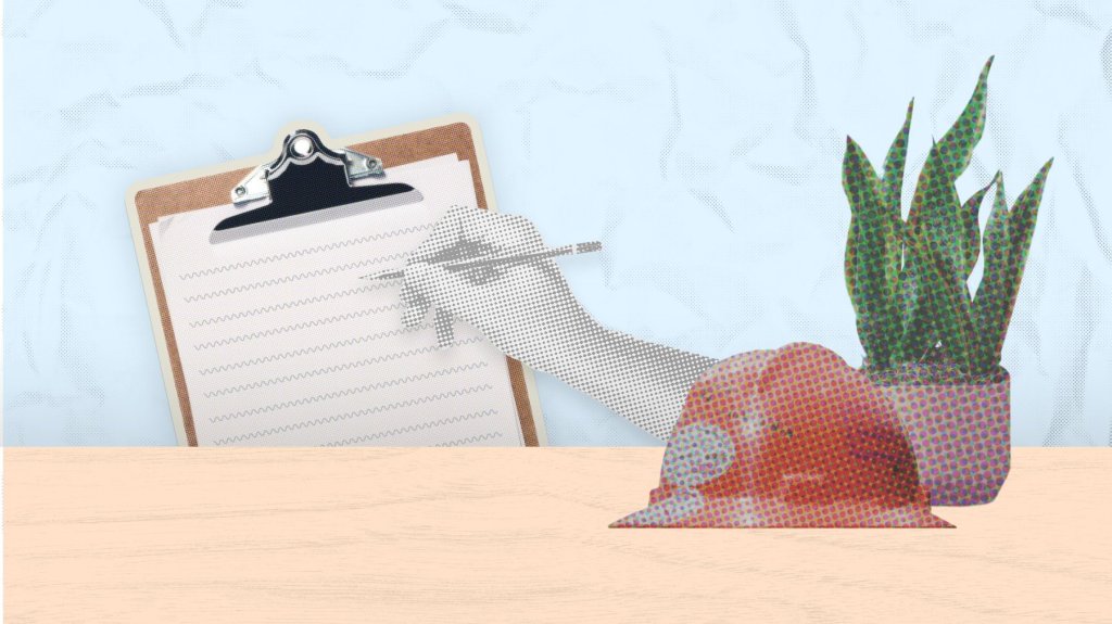 clipboard and hardhat illustration.