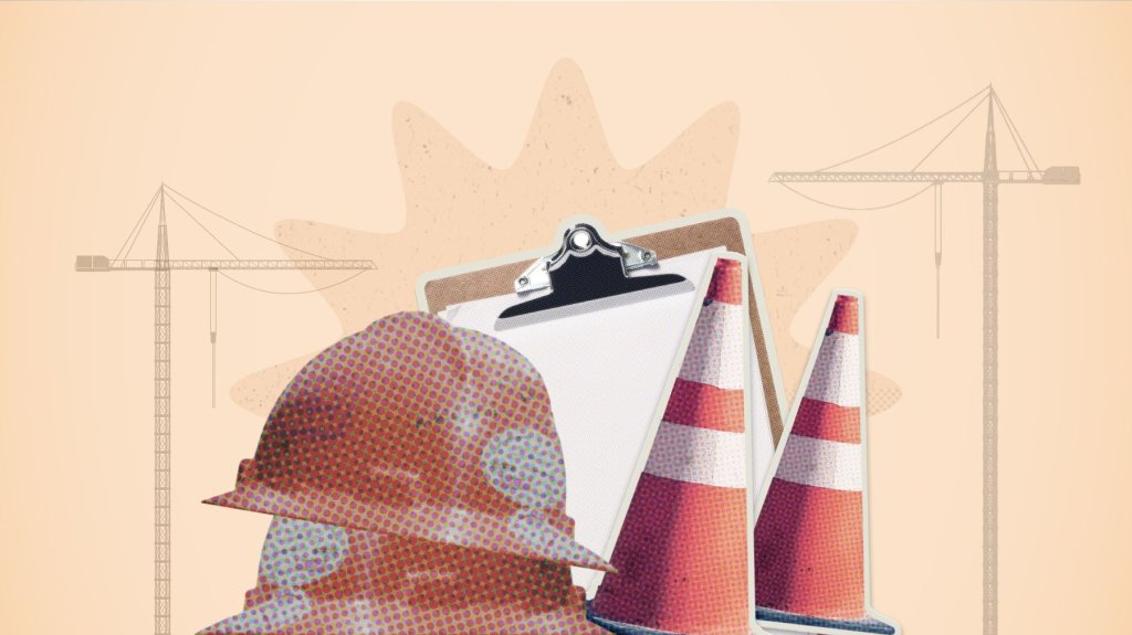 Construction hard hat, safety cones, and clipboard.