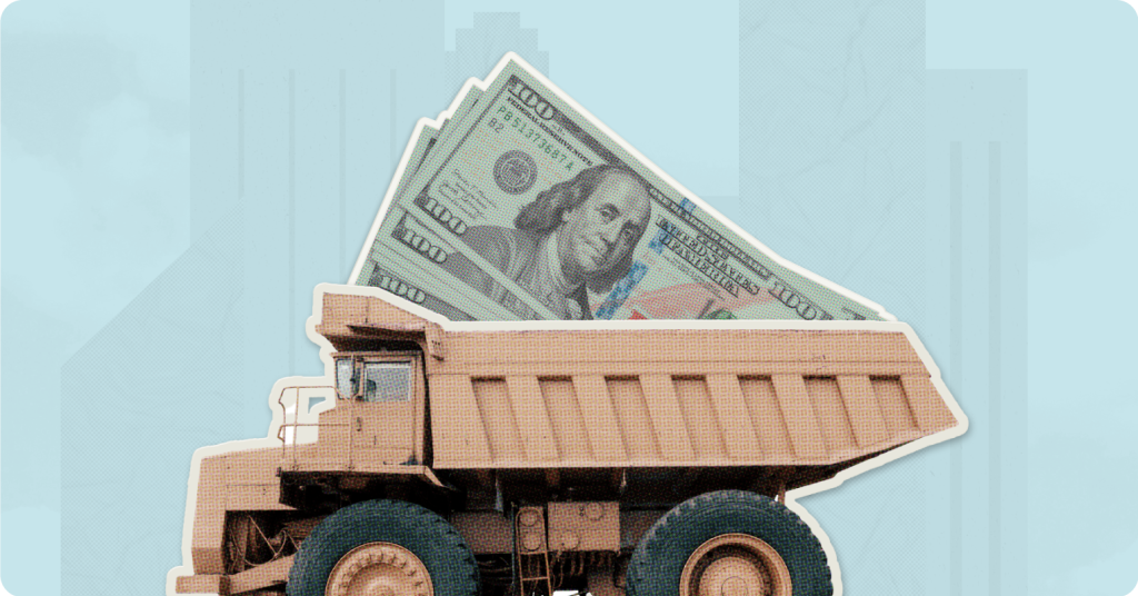 construction truck carrying 100 dollar bills illustration.