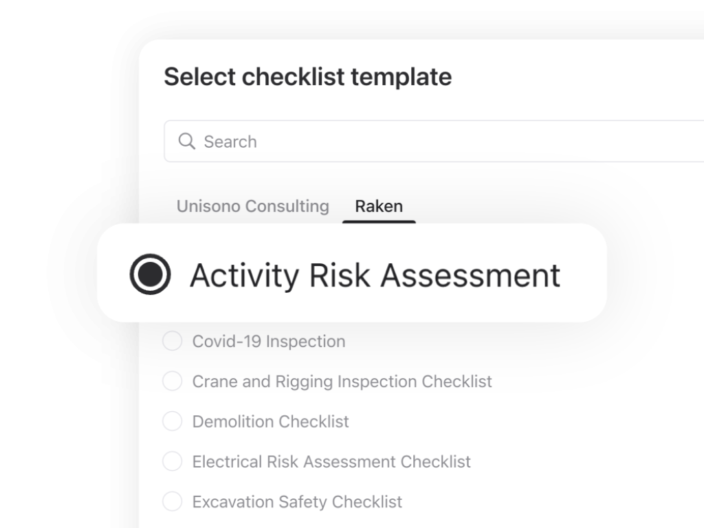 Selecting a safety checklist in Raken web app.